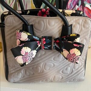 Betsey Johnson Beige Quilted Satchel with Black Floral Bow